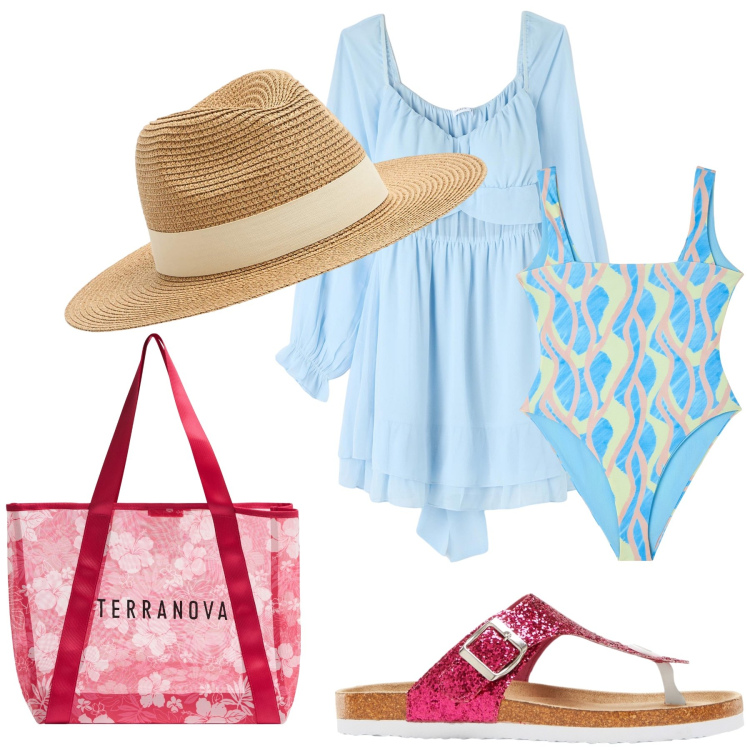 Outfit donna - Il mare sta arrivando. Stile Chic per Mare. Abbinamento con infradito, cappelli, shopping bag, costumi interi, vestiti corti.