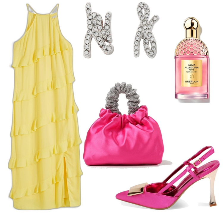 Outfit donna - Colori estivi. Stile Glamour per Serata fuori. Abbinamento con vestiti lunghi, orecchini, profumi, décolleté, clutch.