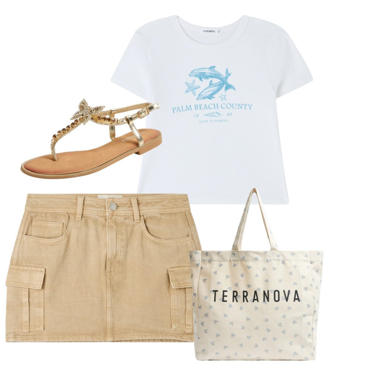 Outfit donna - Girovaga. Stile Casual per Tutti i giorni. Abbinamento con minigonne, t-shirt, shopping bag, sandali gioiello.