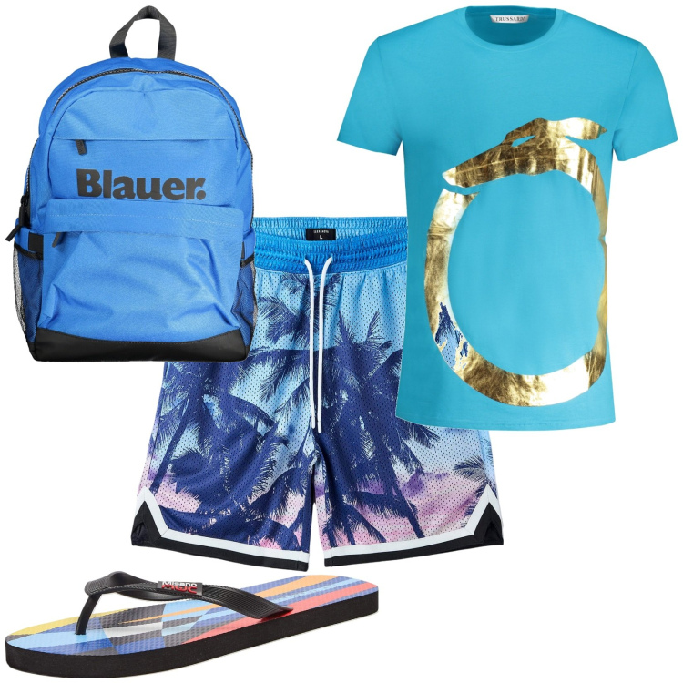 Outfit uomo - Total look #1892477. Stile Trendy per Mare. Abbinamento con sandali, bermuda, t-shirt, borse sportive.