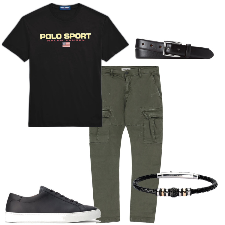 Outfit uomo - Accessori neri. Stile Casual per Serata speciale. Abbinamento con braccialetti, pantaloni cargo, sneakers, t-shirt, cinture.