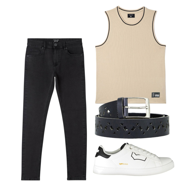 Outfit uomo - City. Stile Casual per Tutti i giorni. Abbinamento con jeans skinny, canottiere, cinture, sneakers.