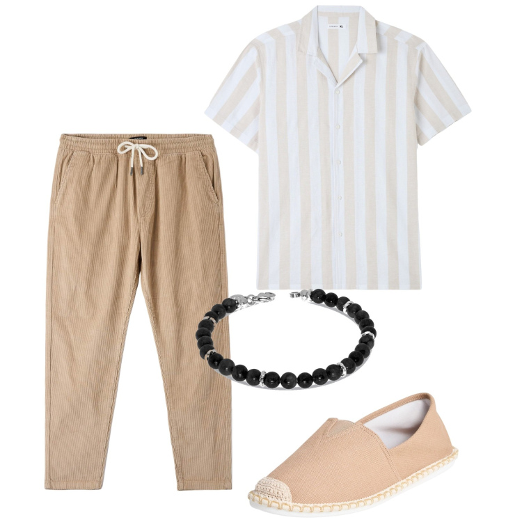 Outfit uomo - In vacanza. Stile Casual per Tutti i giorni. Abbinamento con camicie a manica corta, espadrillas, pantaloni, braccialetti.