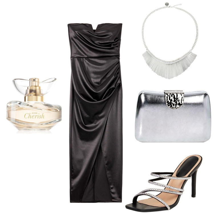 Outfit donna - Total look #1892511. Stile Chic per Serata fuori. Abbinamento con profumi, vestiti lunghi, sandali col tacco, clutch, collane.