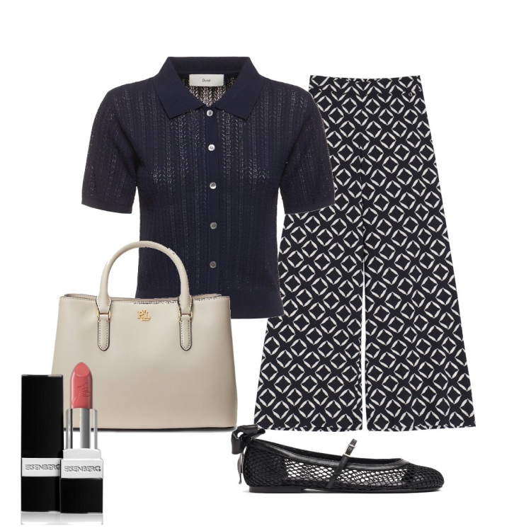 Outfit donna - Nella semplicità sta l’eleganza. Stile Chic per Ufficio. Abbinamento con rossetti, pantaloni a palazzo, borse a mano, ballerine, top.