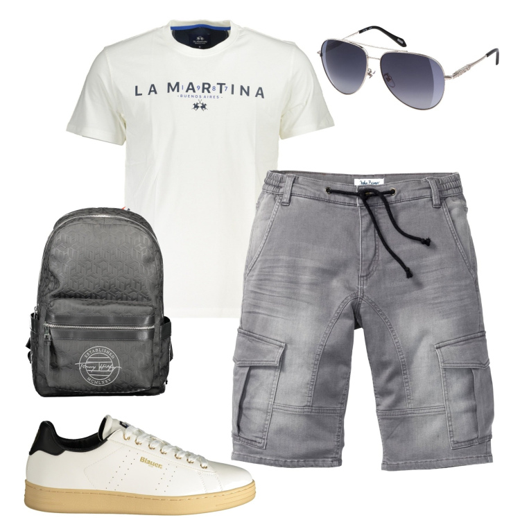 Outfit uomo - City. Stile Casual per Tutti i giorni. Abbinamento con bermuda, t-shirt, sneakers, borse sportive, occhiali da sole.