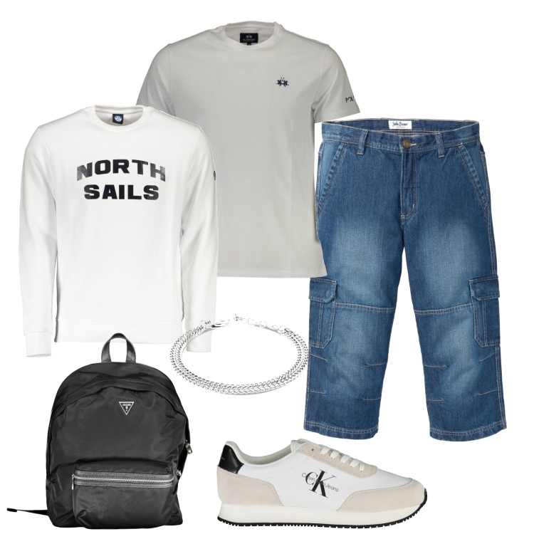 Outfit uomo - City. Stile Casual per Tutti i giorni. Abbinamento con jeans dritti, sneakers, braccialetti, borse sportive, t-shirt, felpe.