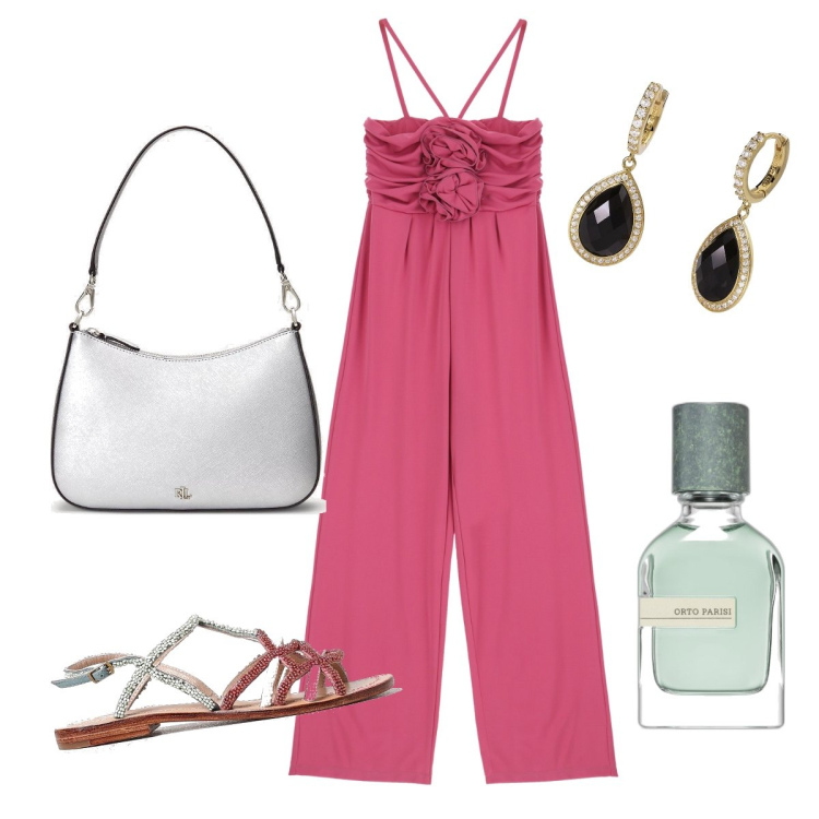 Outfit donna - Total look #1892571. Stile Glamour per Serata fuori. Abbinamento con profumi, orecchini, tute, borse a tracolla, sandali gioiello.