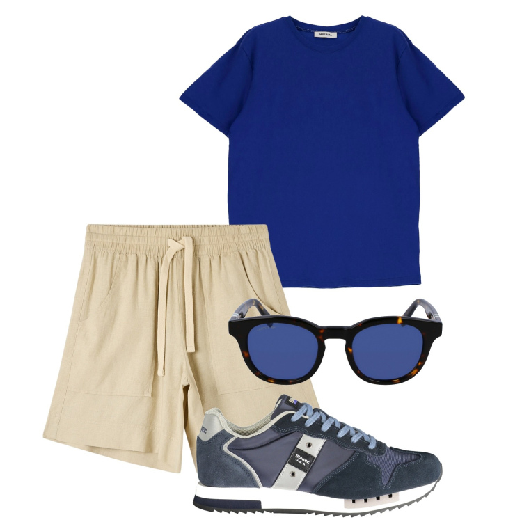 Outfit uomo - City. Stile Casual per Tutti i giorni. Abbinamento con bermuda, t-shirt, sneakers, occhiali da sole.