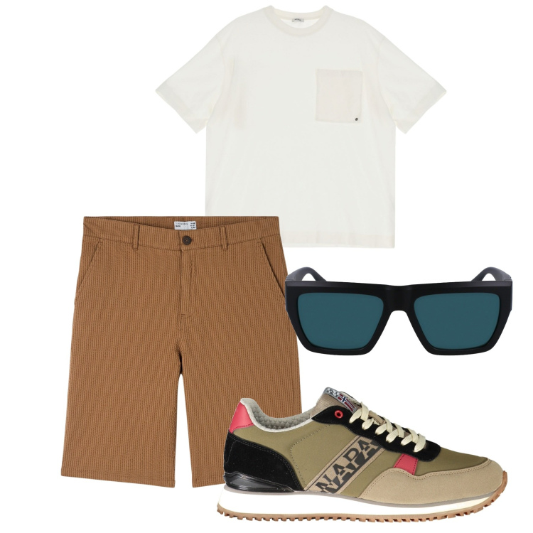 Outfit uomo - City. Stile Casual per Tutti i giorni. Abbinamento con bermuda, t-shirt, occhiali da sole, sneakers.