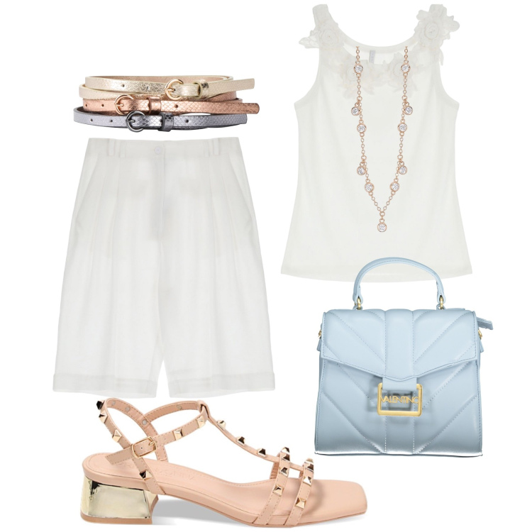 Outfit donna - Fresca pastello in bermuda. Stile Casual chic per Tutti i giorni. Abbinamento con cinture, collane, bermuda, top, sandali col tacco, borse a spalla.