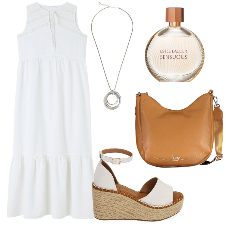 Outfit donna - Calda giornata estiva. Stile Basic per Tutti i giorni. Abbinamento con collane, profumi, vestiti midi/longuette, zeppe, borse a spalla.