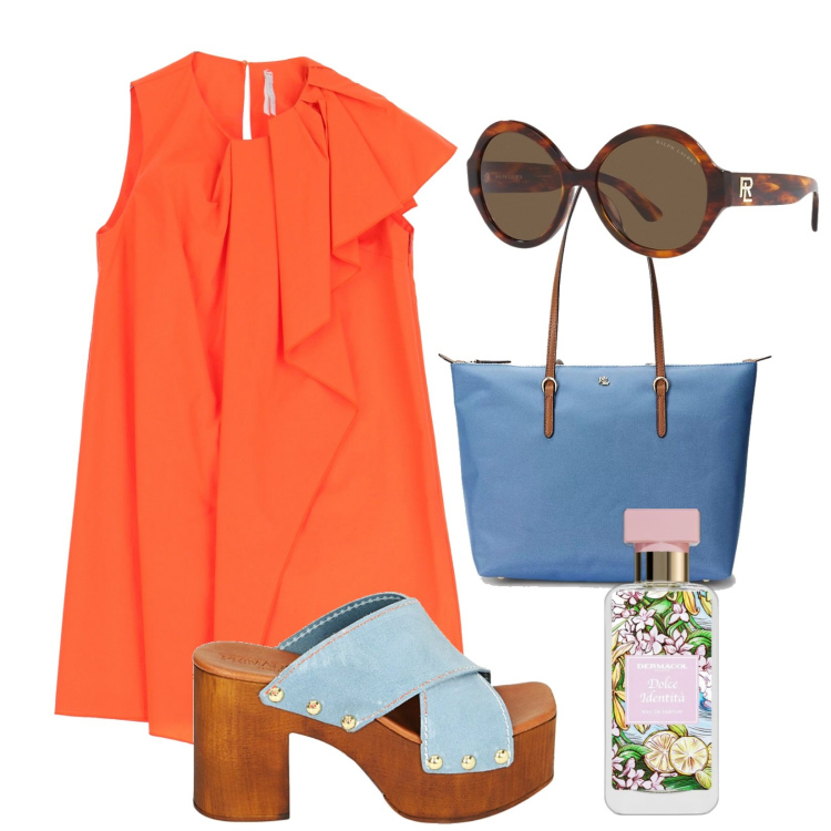 Outfit donna - Fresca con le note di agrumi e gelsomino. Stile Basic per Tutti i giorni. Abbinamento con profumi, vestiti corti, sandali col tacco, borse tote, occhiali da sole.