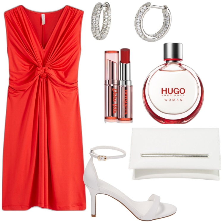 Outfit donna - Abito rosso. Stile Glamour per Serata fuori. Abbinamento con vestiti, profumi, rossetti, orecchini, pochette, sandali col tacco.