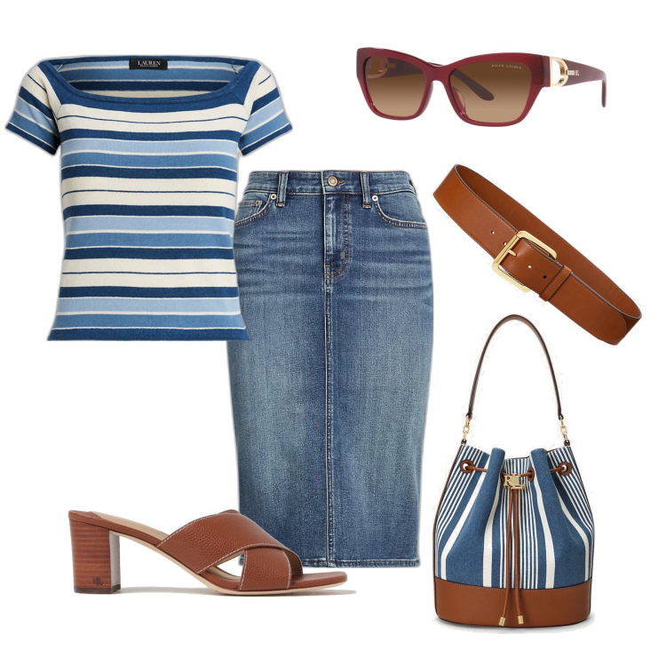 Outfit donna - Passeggiata al mare Lauren. Stile Sporty chic per Tutti i giorni. Abbinamento con gonne, borse a secchiello, maglieria, occhiali da sole, cinture, sandali col tacco.
