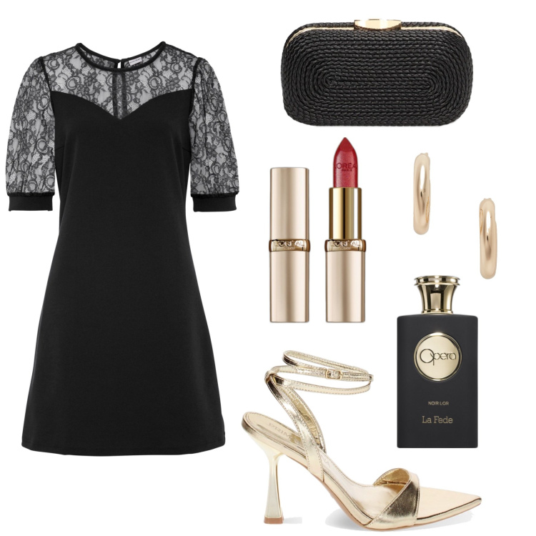 Outfit donna - Tutto pronto per una serata curvy !. Stile Romantica per Serata fuori. Abbinamento con vestiti corti, rossetti, profumi, sandali col tacco, clutch, orecchini.