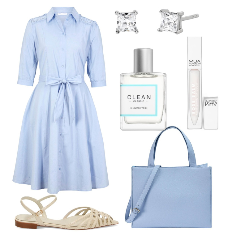 Outfit donna - Abito chemisier. Stile Bon Ton per Tutti i giorni. Abbinamento con vestiti chemisier, profumi, gloss, shopping bag, orecchini, ballerine.