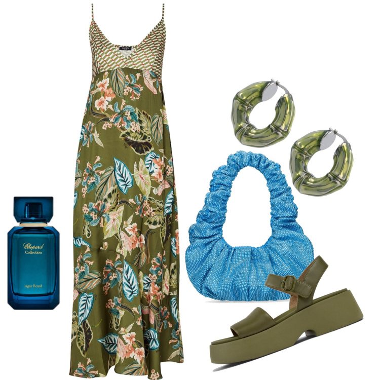 Outfit donna - Vie d\'Oriente. Stile Chic per Serata fuori. Abbinamento con profumi, orecchini, borse a spalla, sandali in pelle, vestiti lunghi.