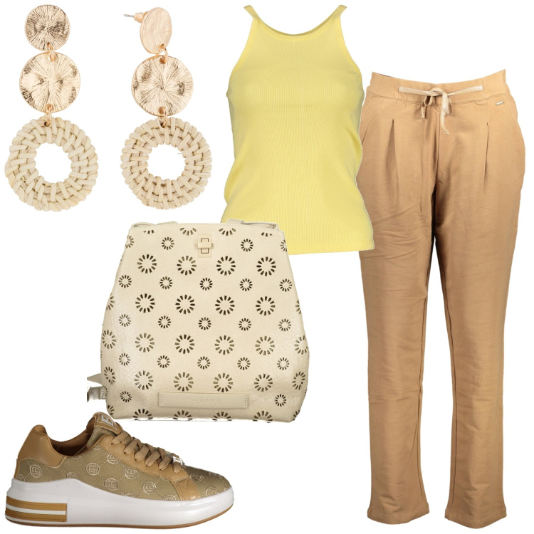 Outfit donna - Contest giallo burro. Stile Casual per Tutti i giorni. Abbinamento con orecchini, sneakers, zaini, canottiere, pantaloni.