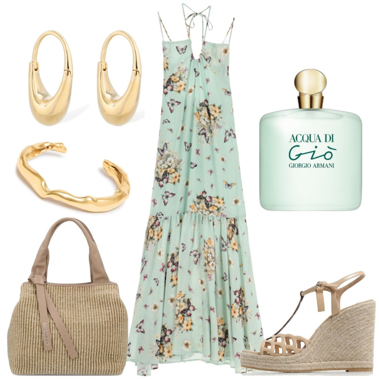 Outfit donna - In vacanza. Stile Boho per Serata fuori. Abbinamento con profumi, vestiti lunghi, zeppe, borse a mano, orecchini, braccialetti.