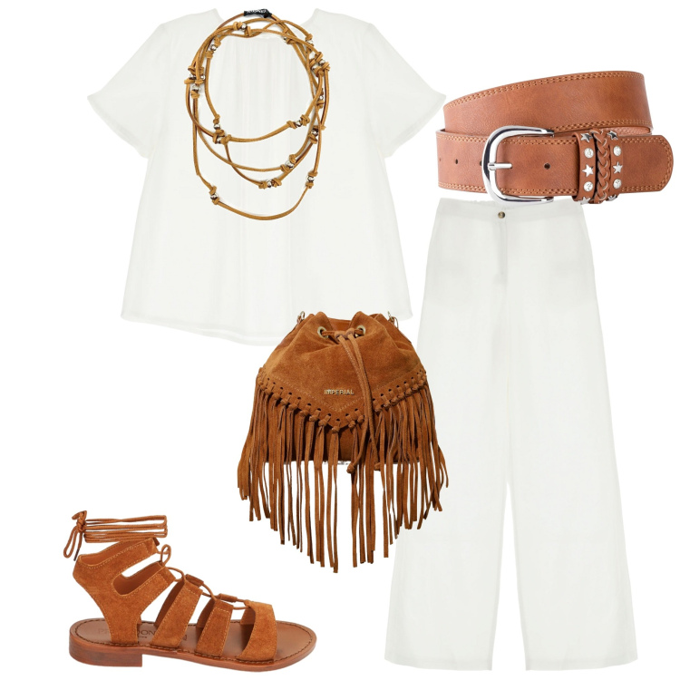 Outfit donna - Bianco e marrone. Stile Casual chic per Tutti i giorni. Abbinamento con cinture, collane, t-shirt, borse a secchiello, sandali alla schiava, pantaloni.