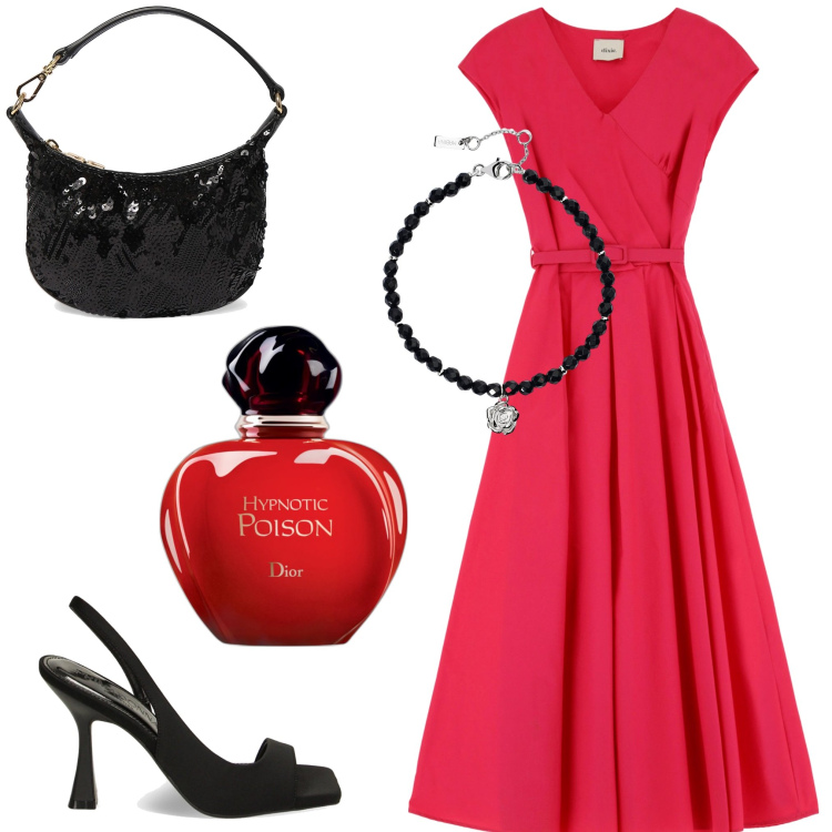 Outfit donna - Signora in rosso. Stile Chic per Serata fuori. Abbinamento con profumi, braccialetti, vestiti lunghi, sandali col tacco, pochette.