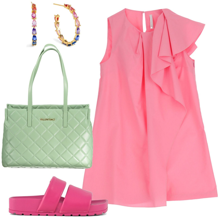 Outfit donna - La vita in rose. Stile Casual per Tutti i giorni. look ideale per Petite. Abbinamento con orecchini, vestiti corti, ciabatte, borse a spalla.