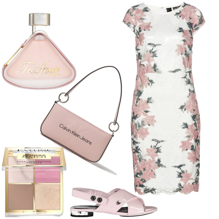 Outfit donna - Fiori rosa. Stile Bon Ton per Ufficio. Abbinamento con vestiti, terre, profumi, sandali col tacco, borse a spalla.