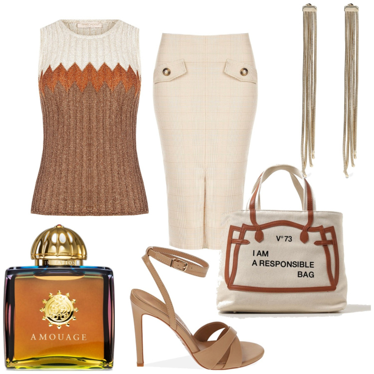 Outfit donna - Giugno col tacco. Stile Glamour per Ufficio. Abbinamento con profumi, top, gonne longuette, sandali col tacco, orecchini, borse tote.