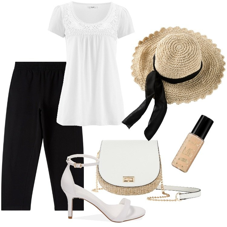 Outfit donna - Total look #1892697. Stile Casual per Tutti i giorni. Abbinamento con maglieria, cappelli, borse a tracolla, fondotinta, pantaloni, sandali col tacco.