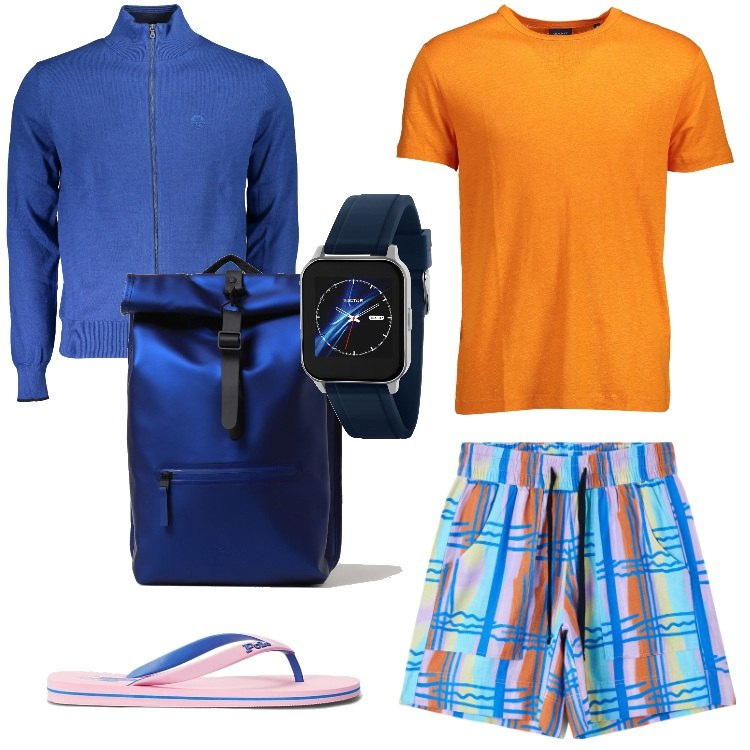 Outfit uomo - Total look #1892705. Stile Trendy per Mare. Abbinamento con orologi, bermuda, sandali, t-shirt, cardigans, borse sportive.