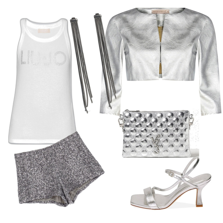 Outfit donna - Metallica. Abbinamento con bolero, shorts, sandali col tacco, orecchini, borse a tracolla, top.