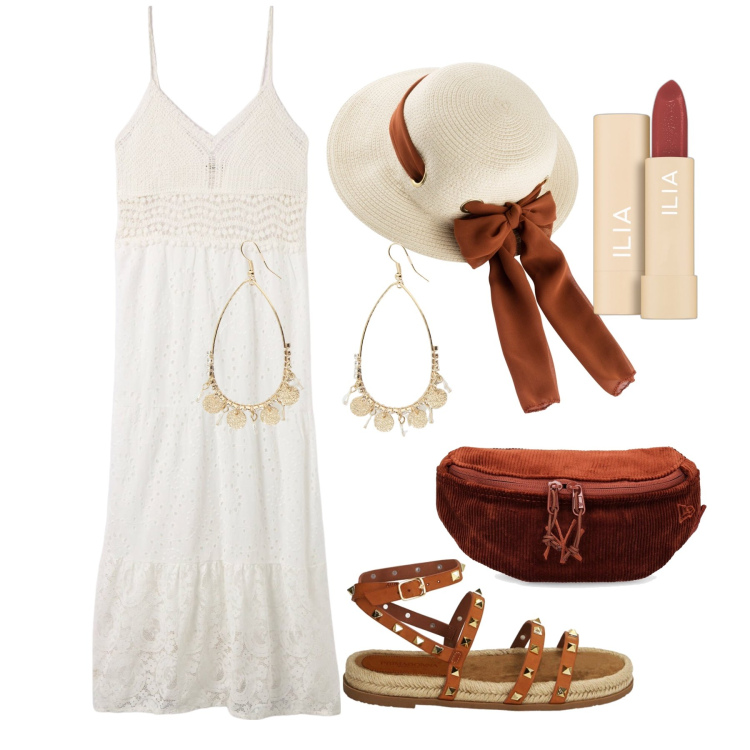 Outfit donna - Ghost outfitter - giugno. Stile Romantica per Tutti i giorni. Abbinamento con cappelli, rossetti, vestiti lunghi, orecchini, sandali, marsupi.