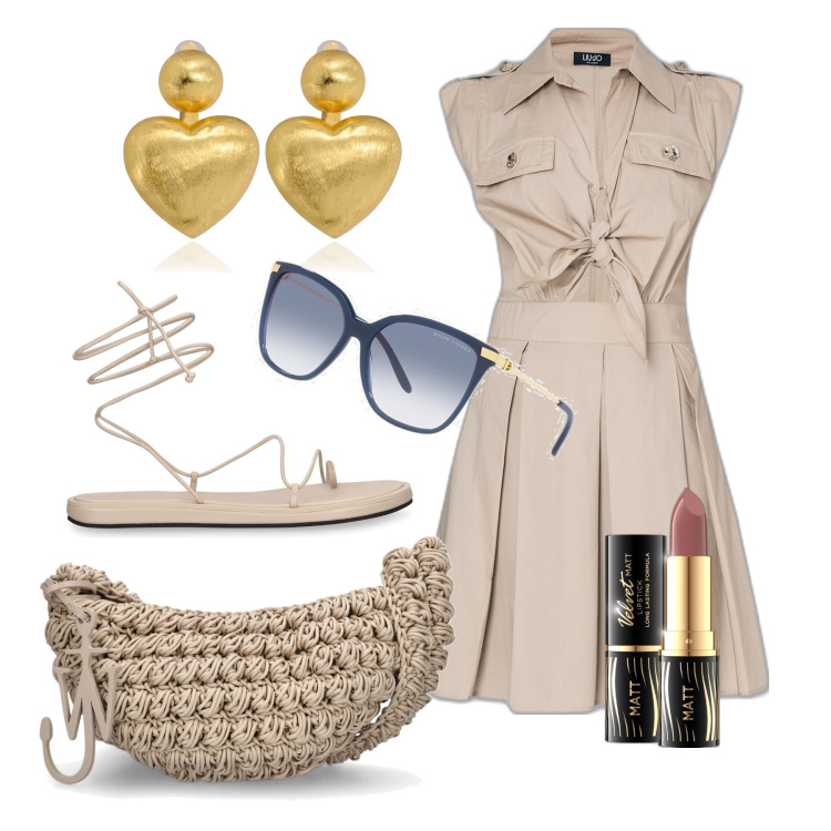 Outfit donna - Ghost outfitter - giugno. Stile Casual chic per Tutti i giorni. Abbinamento con orecchini, rossetti, occhiali da sole, vestiti corti, sandali in pelle, borse a spalla.