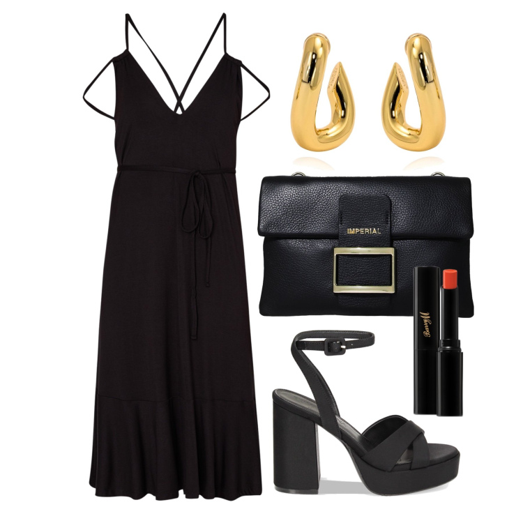 Outfit donna - Ghost outfitter - giugno. Stile Trendy per Serata fuori. Abbinamento con orecchini, rossetti, pochette, sandali col tacco, vestiti corti.