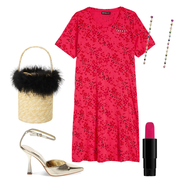 Outfit donna - Crochet rosso e oro per la serata. Stile Chic per Serata fuori. Abbinamento con rossetti, orecchini, vestiti, décolleté, borse a secchiello.