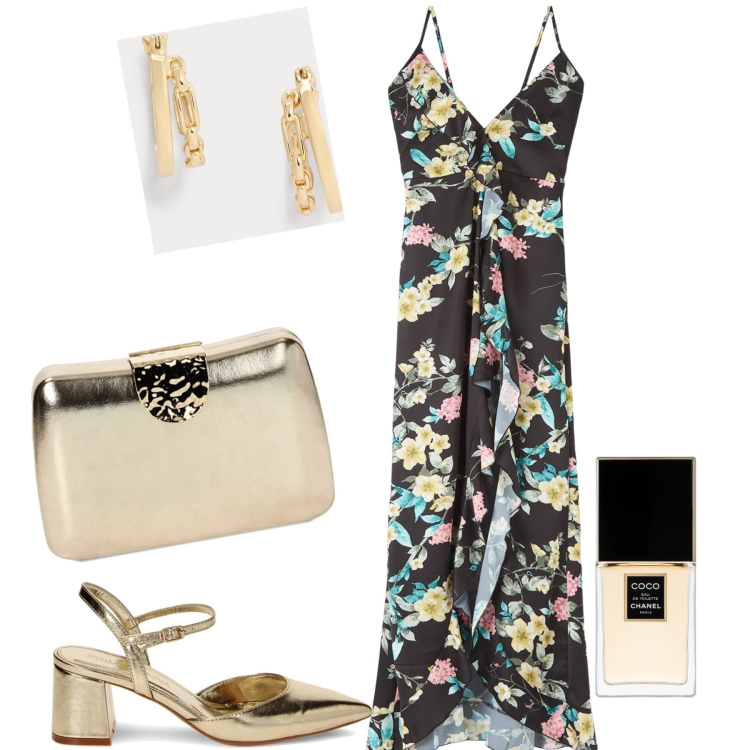 Outfit donna - Golden lady. Stile Glamour per Serata fuori. Abbinamento con profumi, vestiti lunghi, clutch, décolleté, orecchini.
