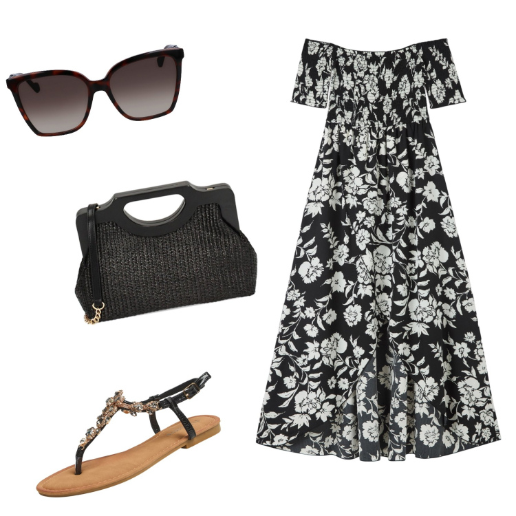 Outfit donna - Aperitivo arrivo. Stile Bon Ton per Serata fuori. Abbinamento con vestiti lunghi, sandali gioiello, borse a mano, occhiali da sole.