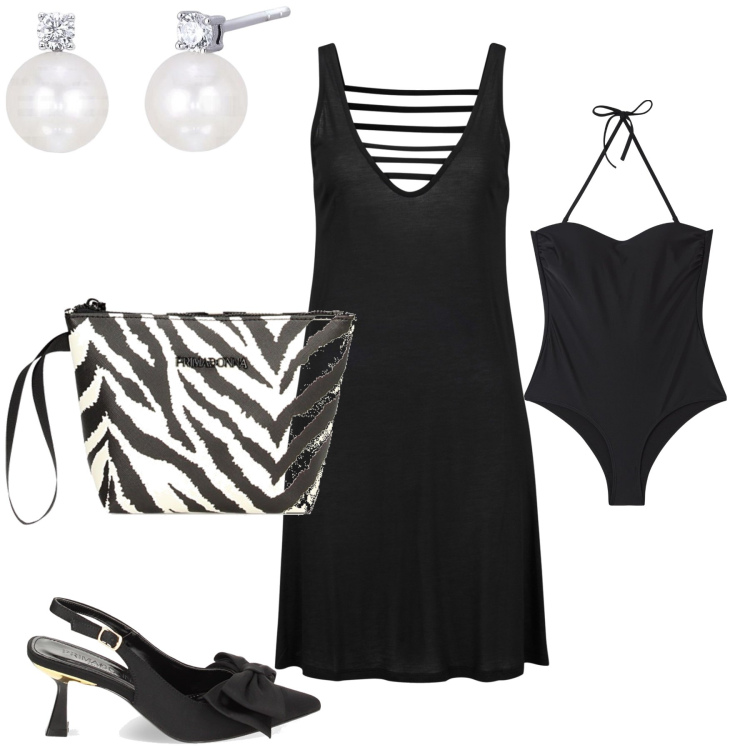 Outfit donna - Gli accessori fanno il look chic. Stile Chic per Serata fuori. Abbinamento con vestiti da spiaggia, orecchini, costumi interi, décolleté, valigie.