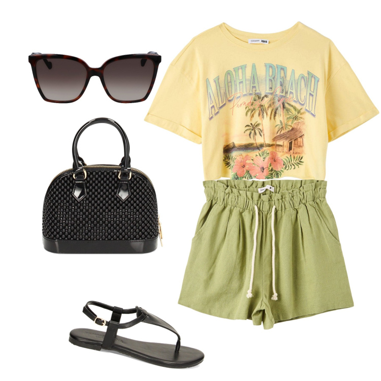 Outfit donna - Shorts , ma accessori da lady. Stile Basic per Tutti i giorni. Abbinamento con shorts, t-shirt, borse a mano, ciabatte, occhiali da sole.