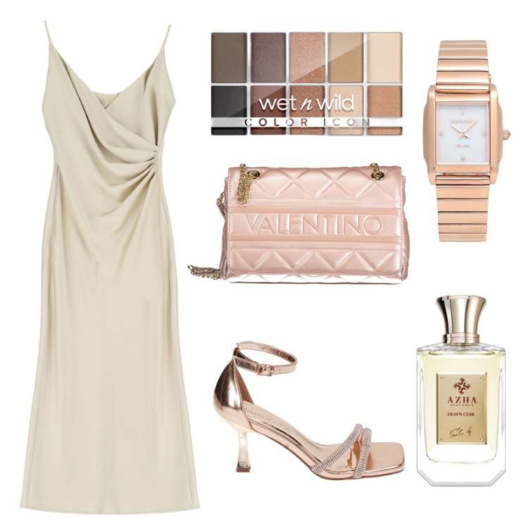 Outfit donna - Cerimonia. Stile Chic per Cerimonia. Abbinamento con orologi, ombretti, profumi, vestiti midi/longuette, sandali gioiello, borse a spalla.
