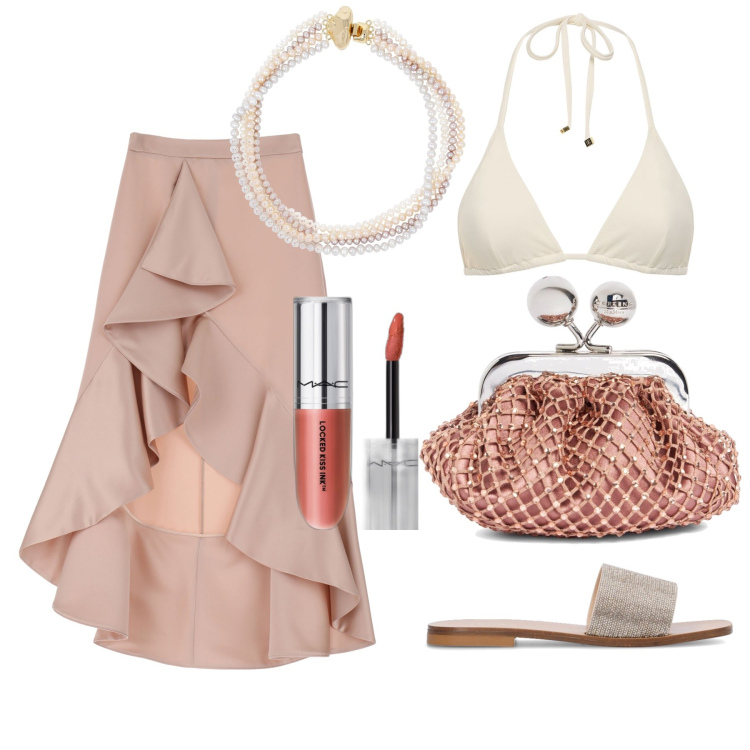 Outfit donna - Ghost oitfitter. Stile Glamour per Serata fuori. Abbinamento con rossetti, gonne longuette, ciabatte, pochette, collane, bikini.