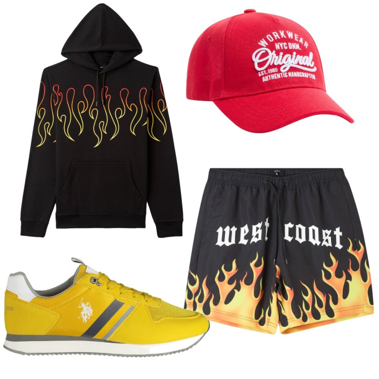 Outfit uomo - Total look #1892744. Stile Urban per Sport. Abbinamento con cappelli, felpe con cappuccio, bermuda, scarpe sportive.
