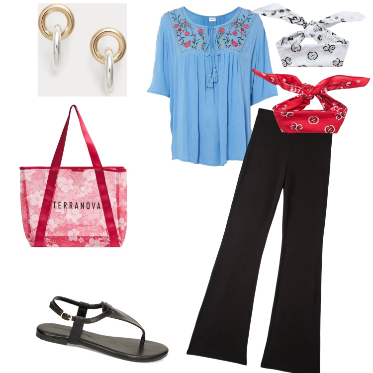 Outfit donna - Blusa boho per total look. Stile Vintage retrò per Tutti i giorni. Abbinamento con tuniche, shopping bag, leggings, fasce per capelli, ciabatte, orecchini.