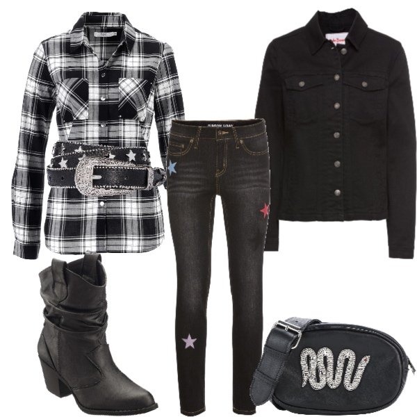 Outfit donna - American style. Stile Basic per Tutti i giorni. Abbinamento con stivaletti texani, camicie, jeans skinny a punta nero, cintura nero, giacca twill, borsa.