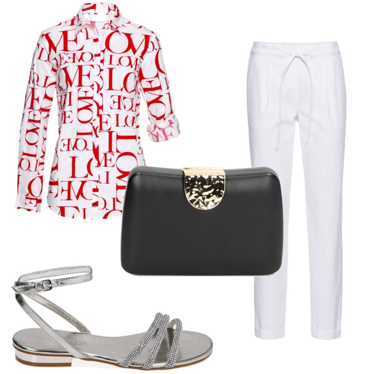 Outfit donna - Total look #1892773. Stile Trendy per Tutti i giorni. Abbinamento con pantaloni, camicie, sandali gioiello, clutch.