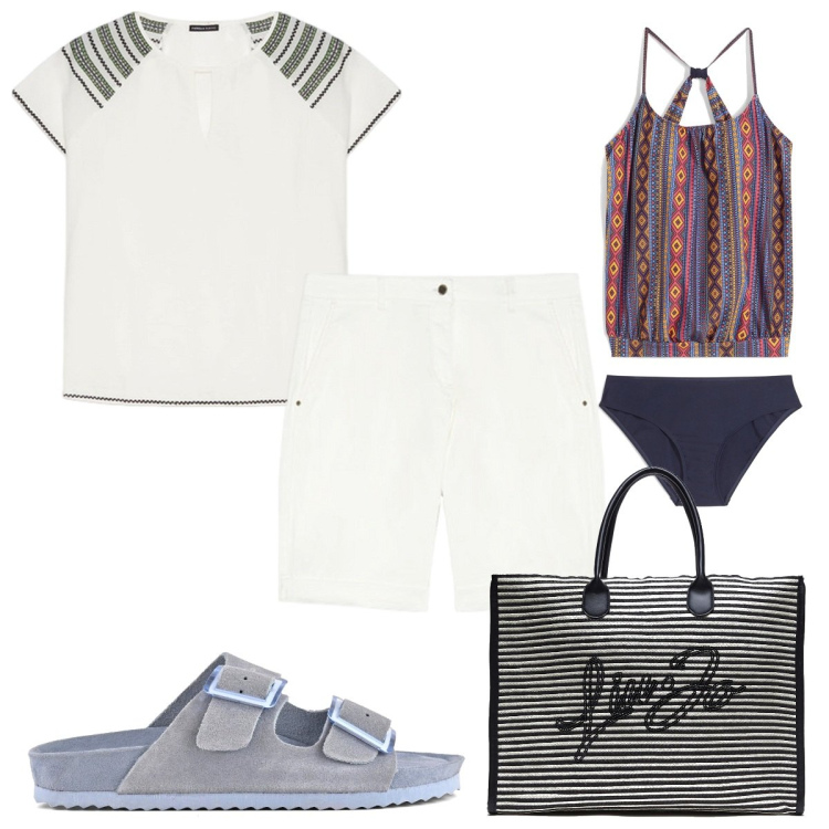 Outfit donna - Total look #1892779. Stile Trendy per Mare. Abbinamento con costumi interi, sandali, shopping bag, bluse, pantaloni corti.