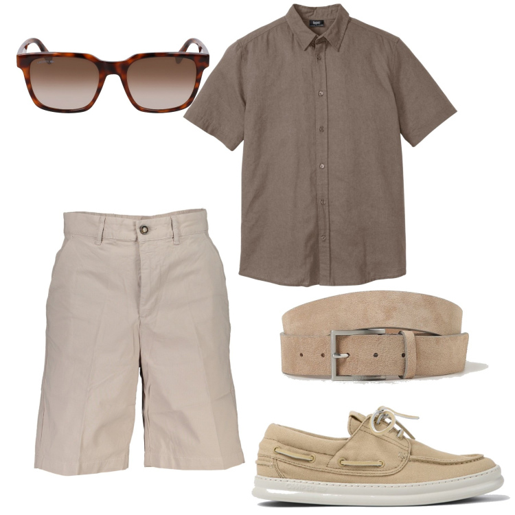 Outfit uomo - Tono su tono. Stile Casual per Ufficio. Abbinamento con camicie a manica corta, cinture, occhiali da sole, scarpe stringate, bermuda.