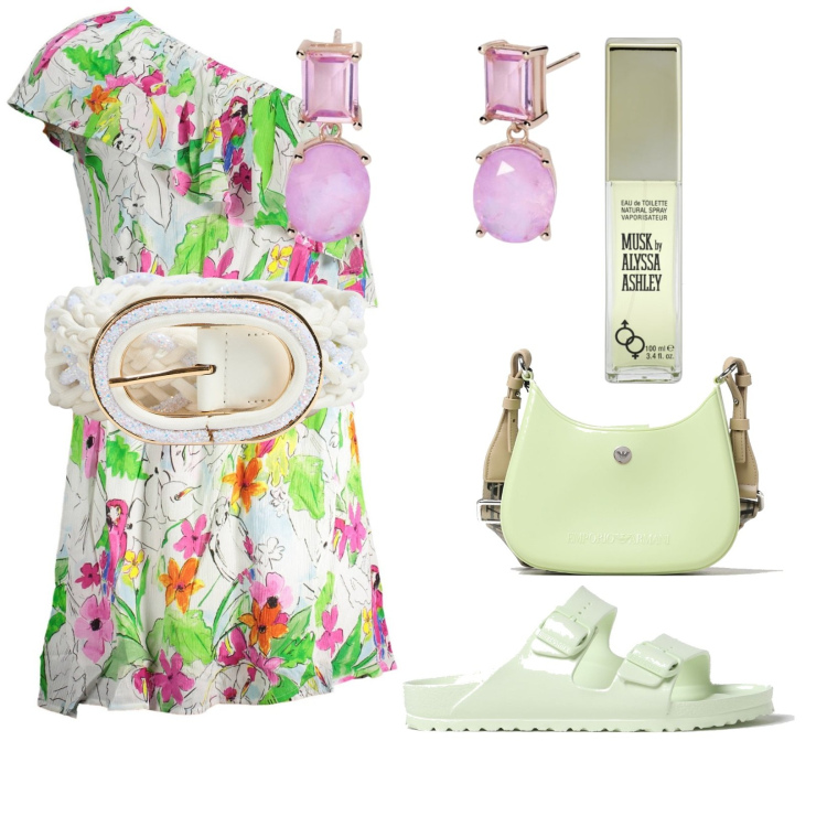 Outfit donna - Total look #1892818. Stile Trendy per Tutti i giorni. Abbinamento con profumi, cinture, orecchini, vestiti asimmetrici, sandali, borse a spalla.