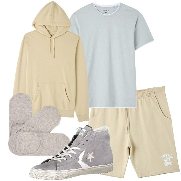 Outfit uomo - Neutrals. Stile Casual per Tutti i giorni. Abbinamento con t-shirt, calzini, felpe con cappuccio, bermuda, scarpe sportive.